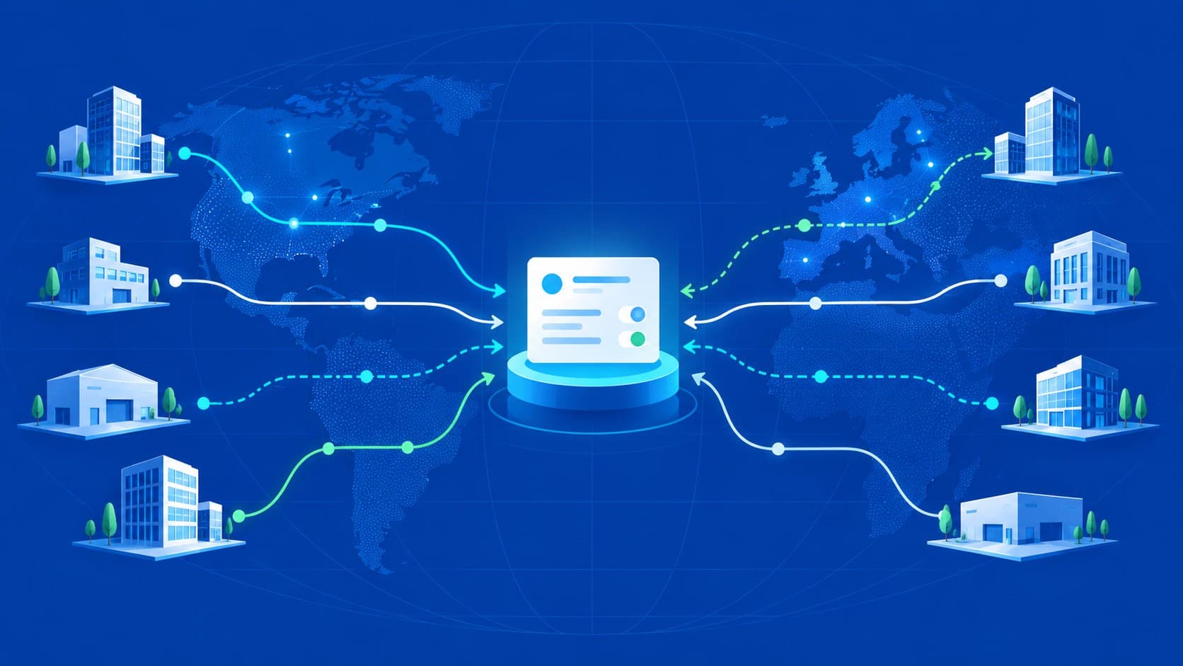 Payment routes connect businesses across the Americas and Europe to a global platform on TroqPay blue.