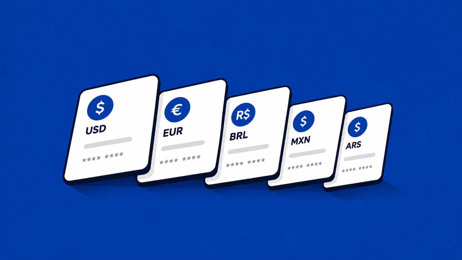 Five global account cards in USD, EUR, BRL, MXN, and ARS on TroqPay's blue background.