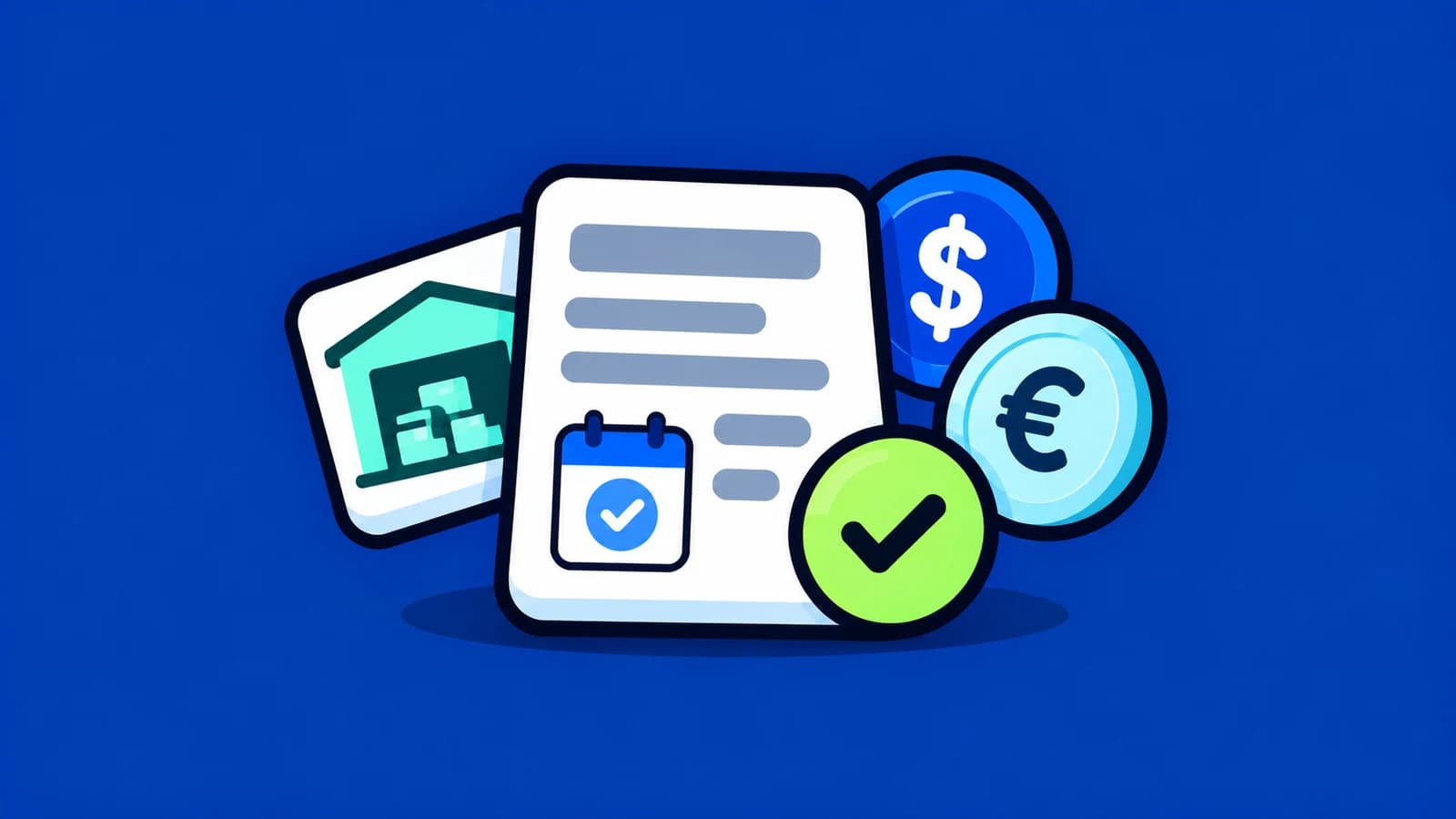Editorial illustration with a supplier, financial obligation, international currencies, and payment confirmation.