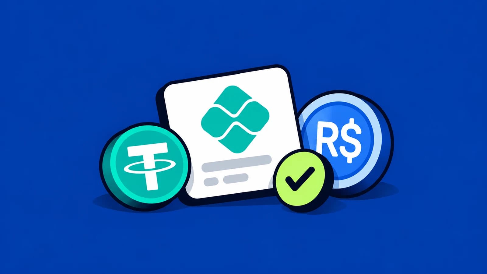 Editorial illustration with Pix, USDT, Brazilian real, and payment confirmation on TroqPay blue.