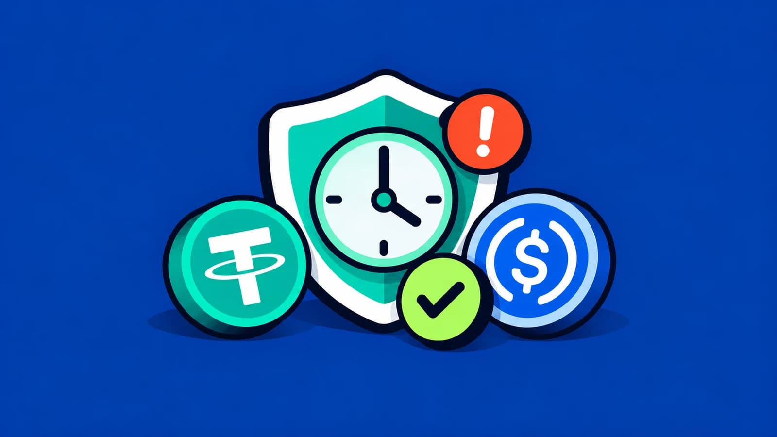 Editorial illustration with a shield, clock, alert, and USDT and USDC symbols on TroqPay blue.