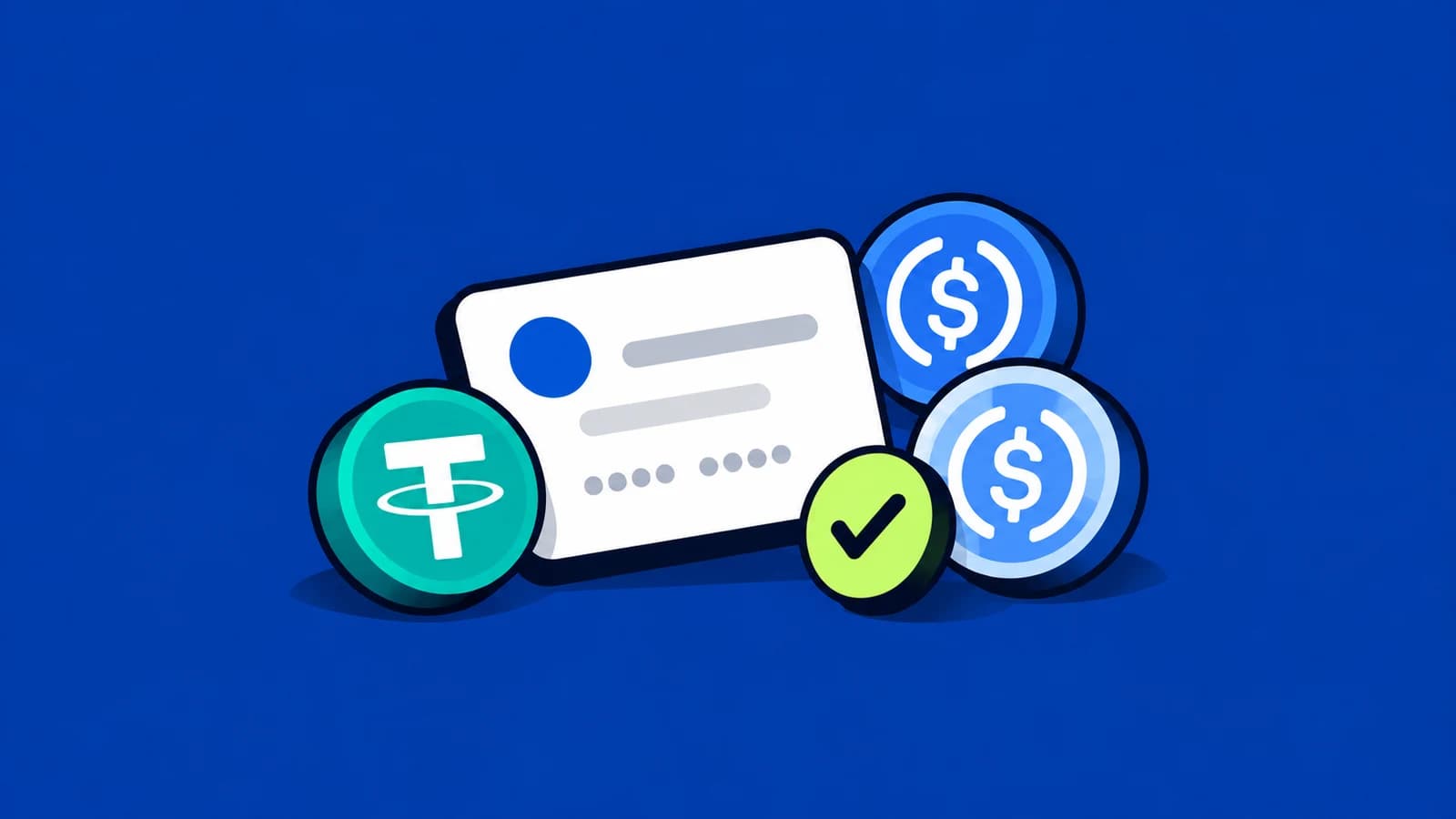 Editorial illustration of a business account with USDT and USDC symbols on TroqPay blue.